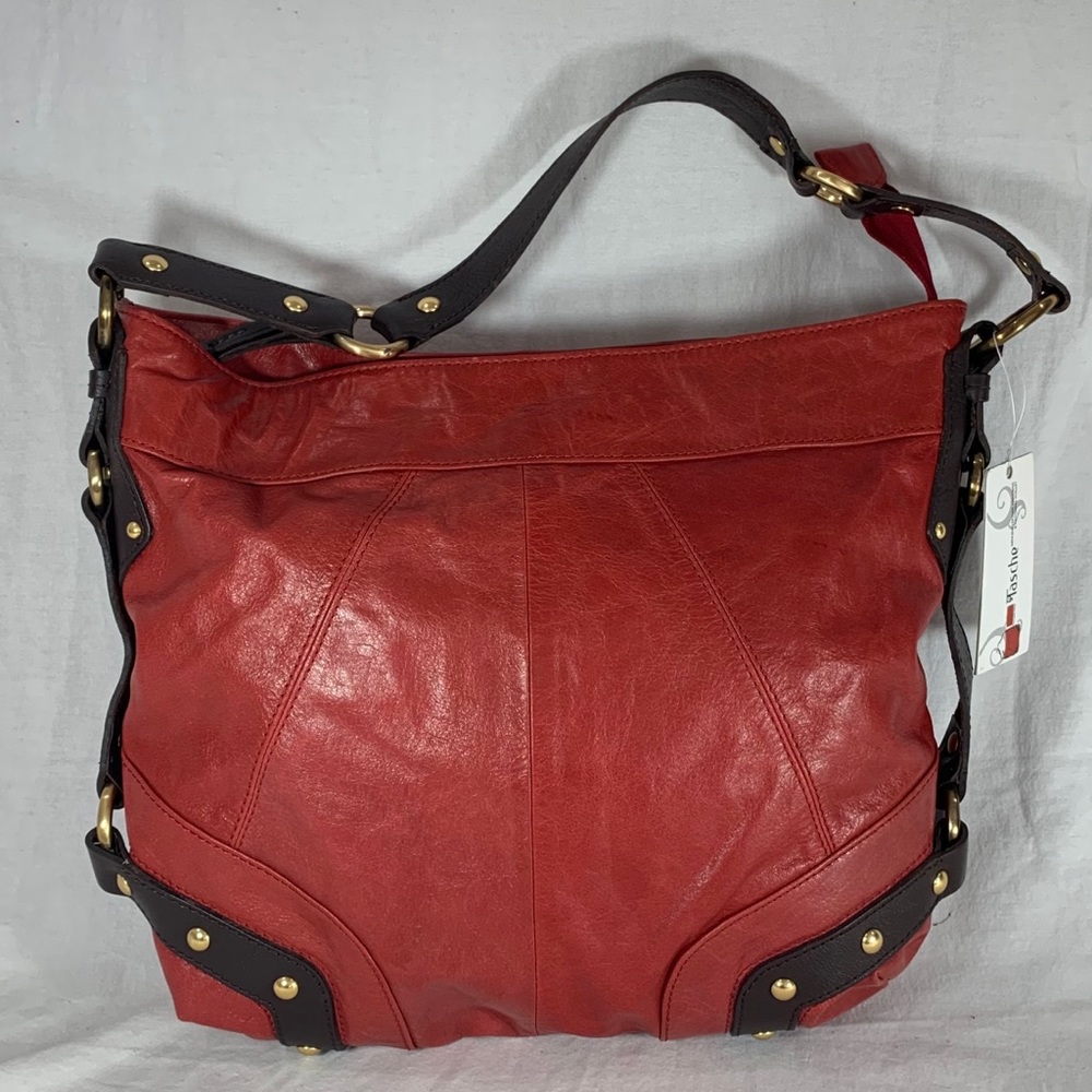 TASCHE Red and Brown Leather trim Tote Shoulder
